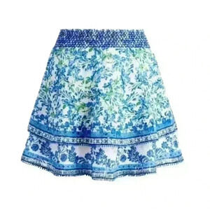 ALICE + OLIVIA Crawford Smocked Blue & White Ruffled Mini Skirt Size Large NWT